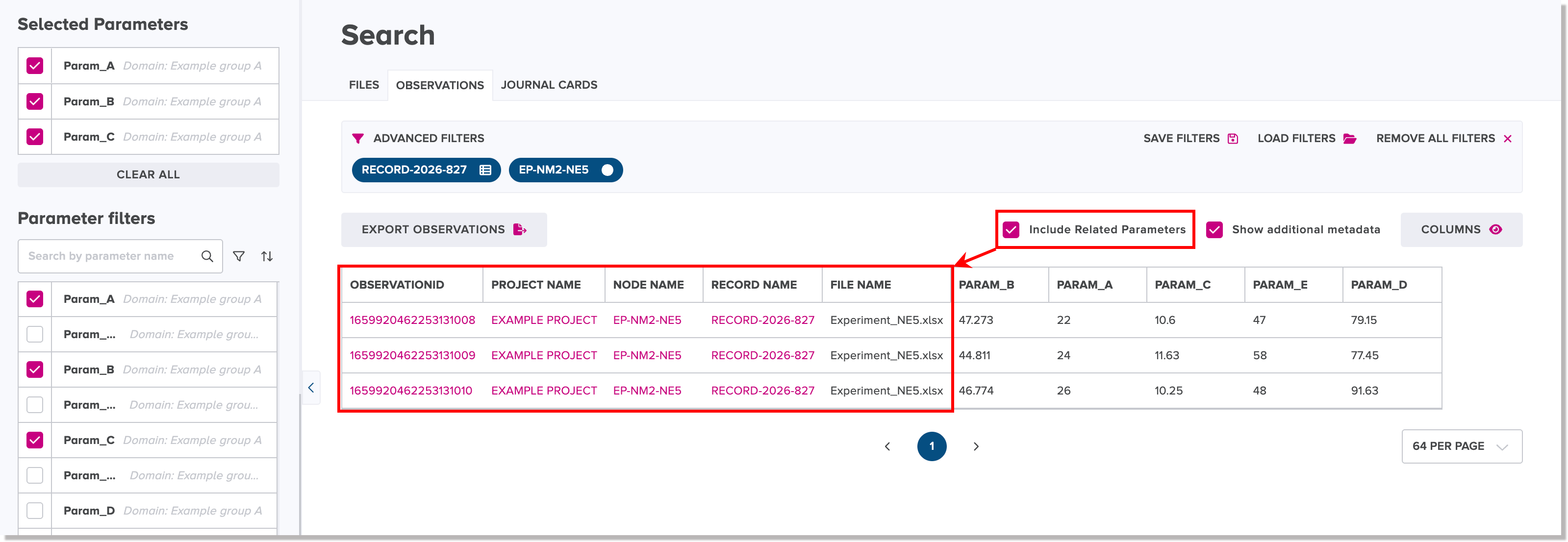 Include related parameters checkbox for observations search results