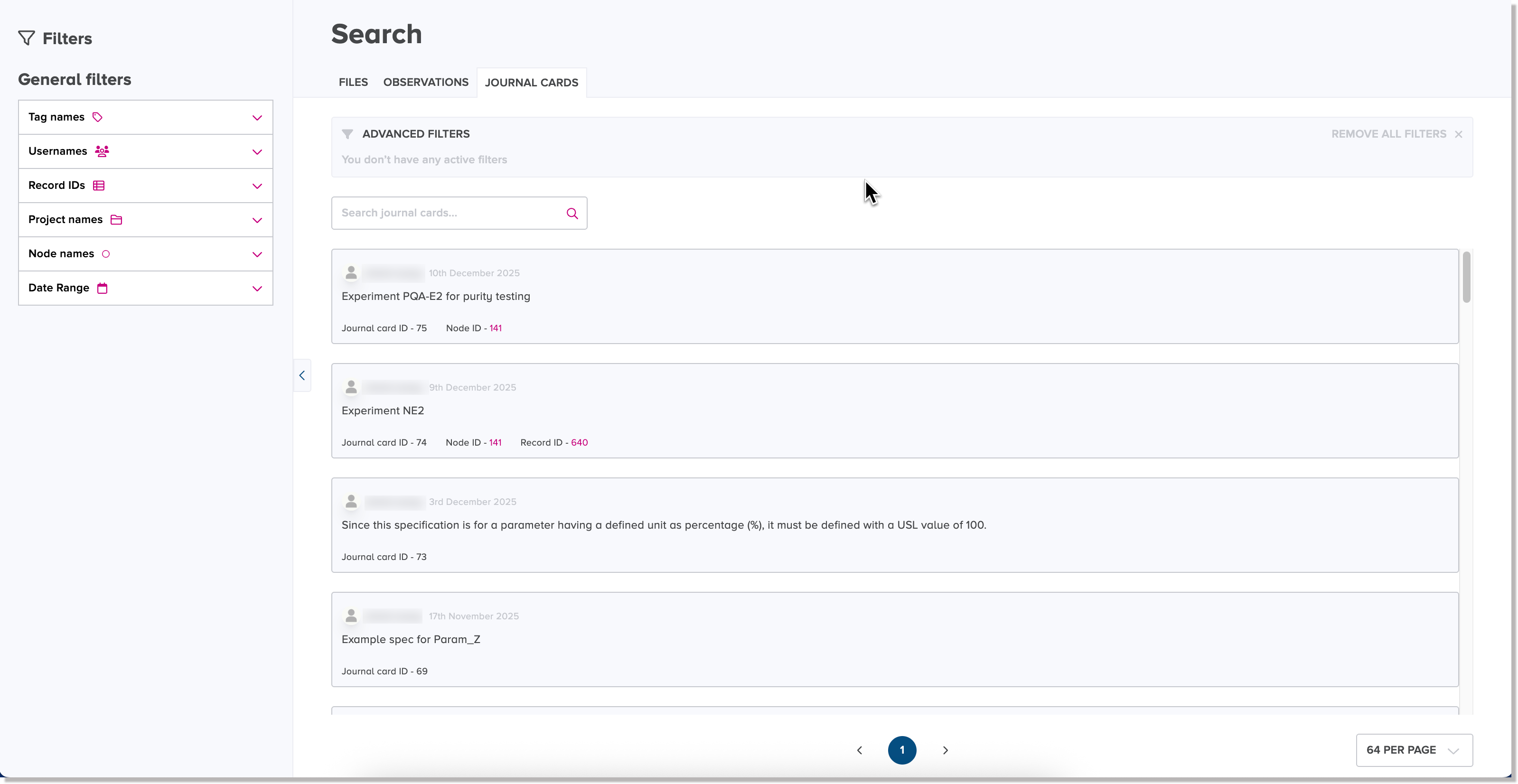 Journal Cards tab in the Search view