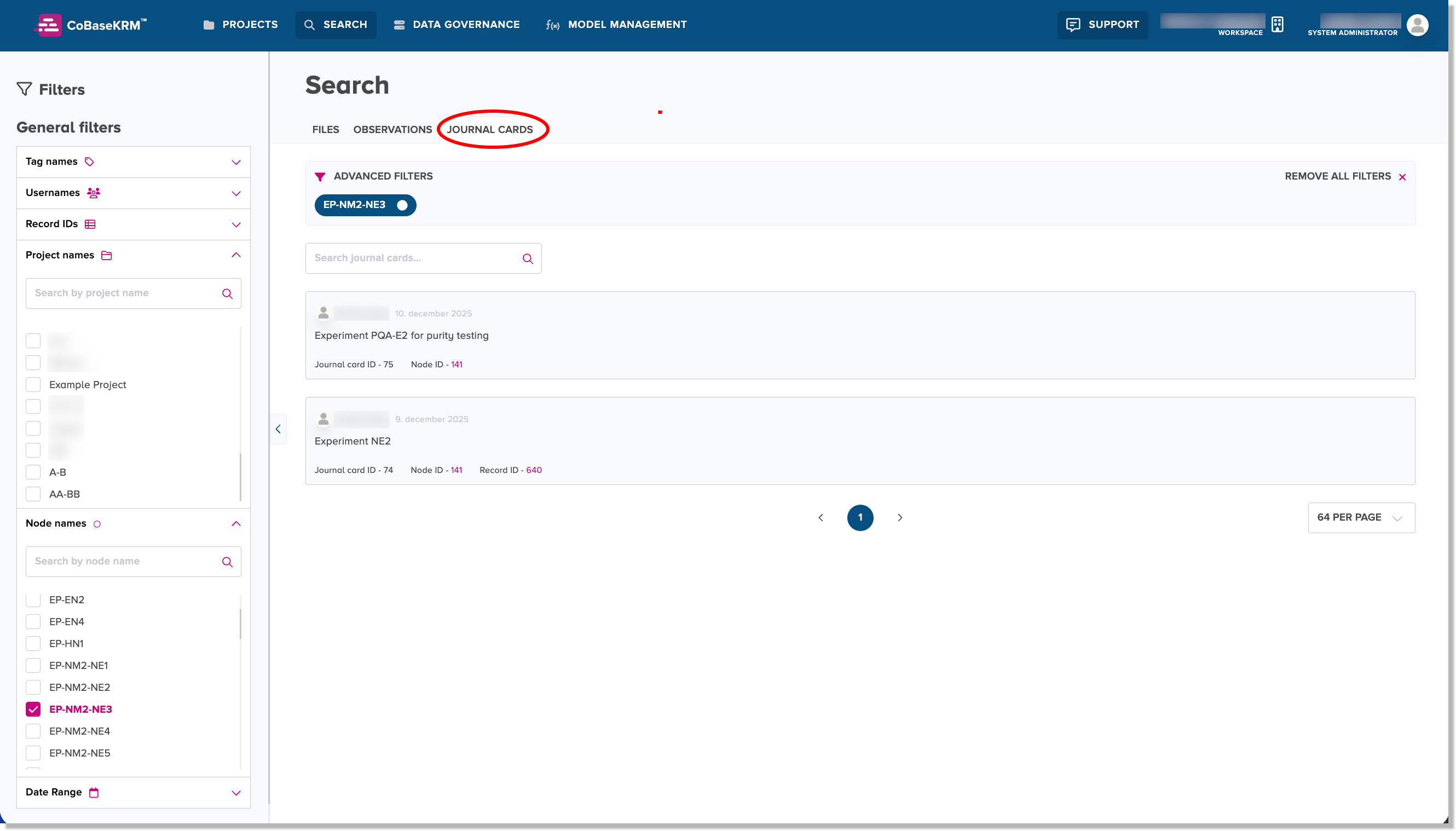 Journal cards tab in the Search view