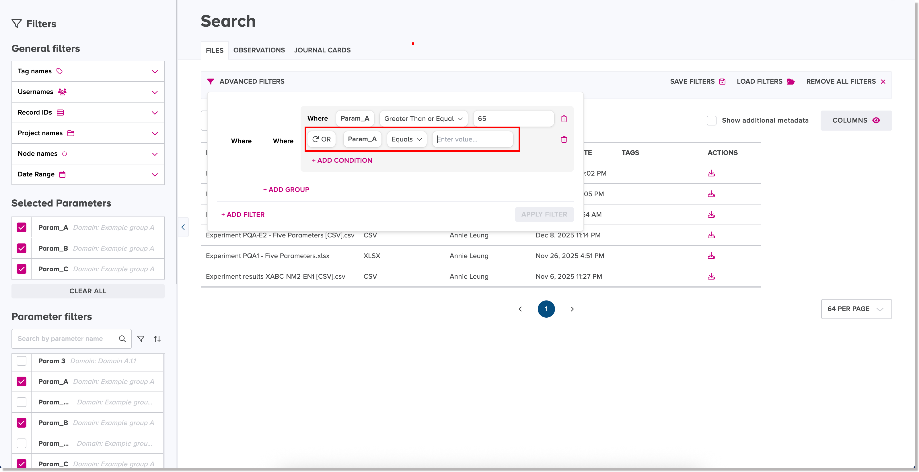 New condition statement in the filter condition statements box