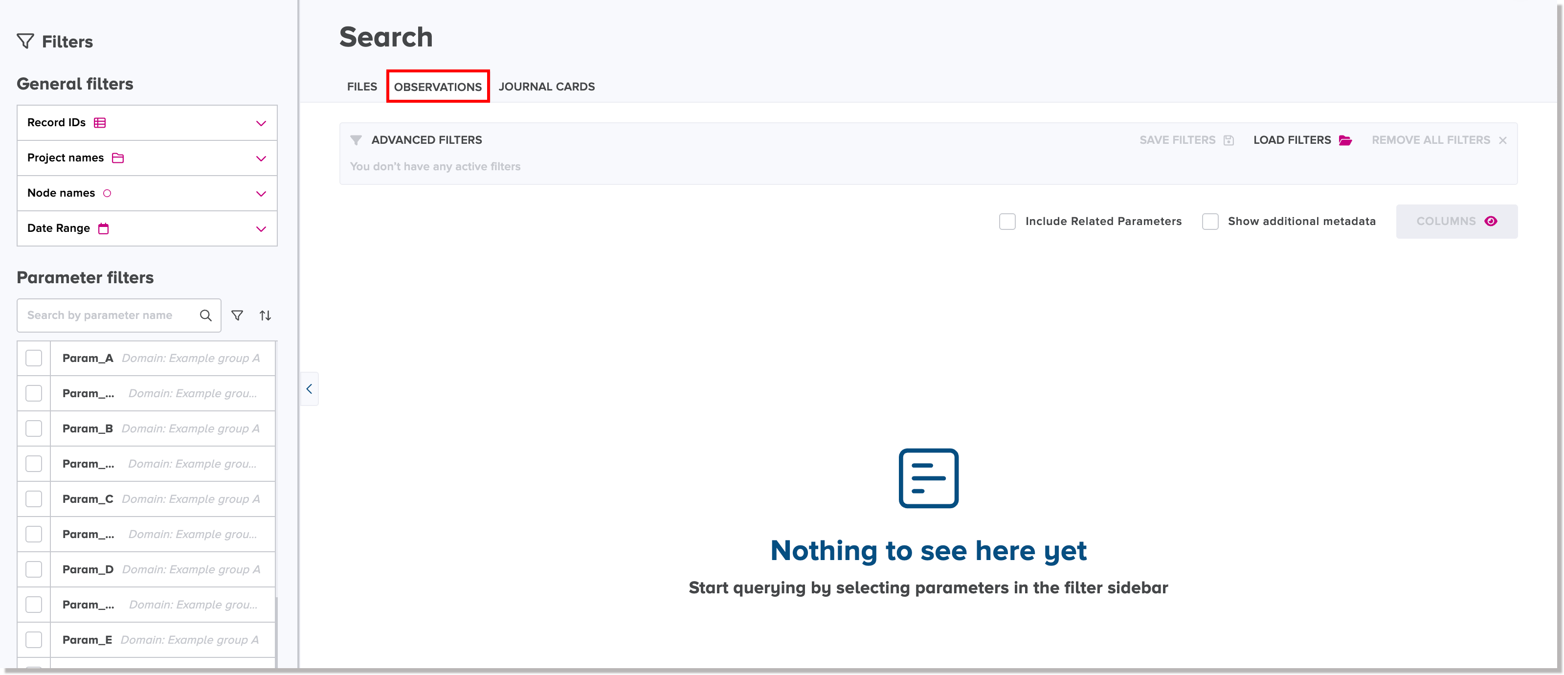 Observations tab in the Search view
