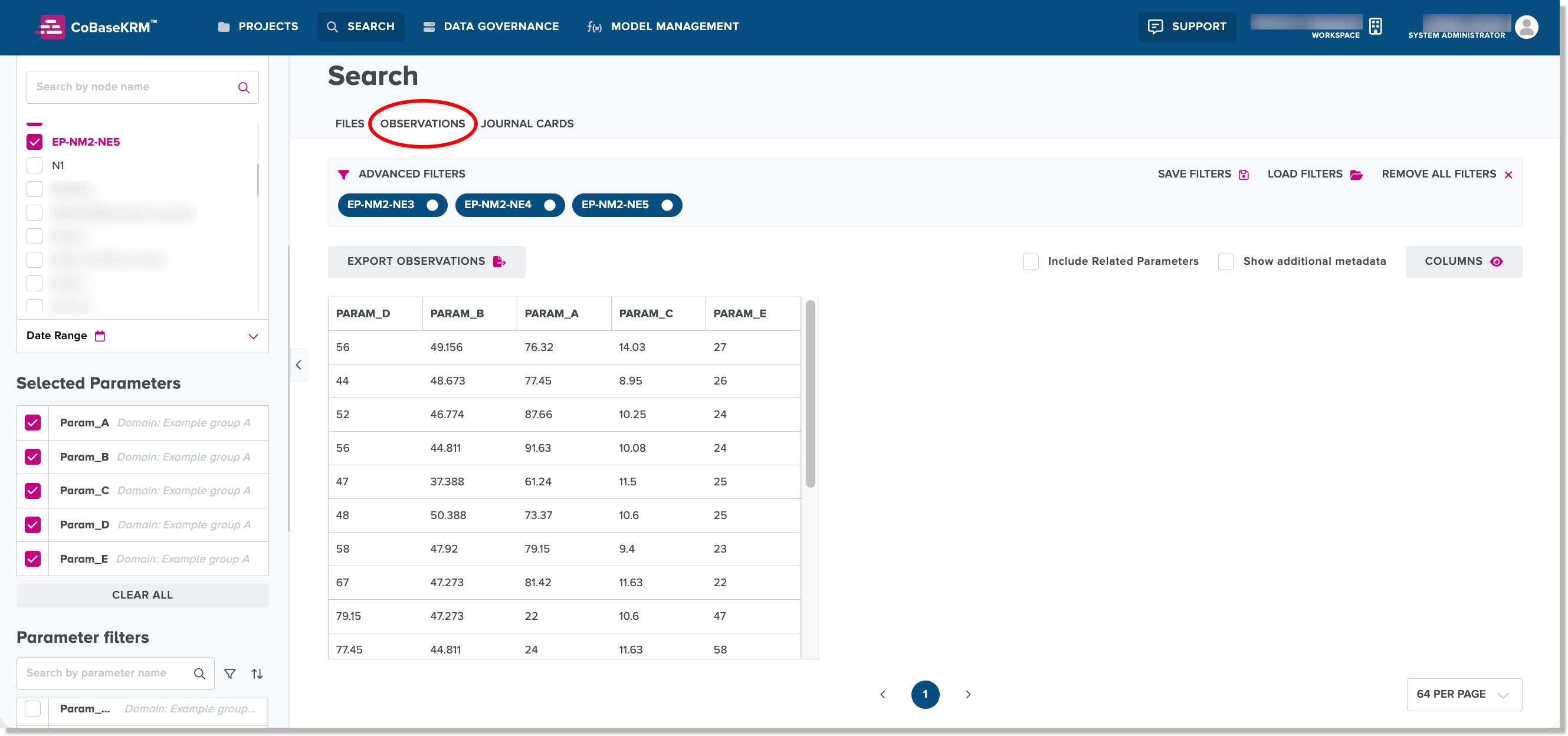 Observations tab in the Search view