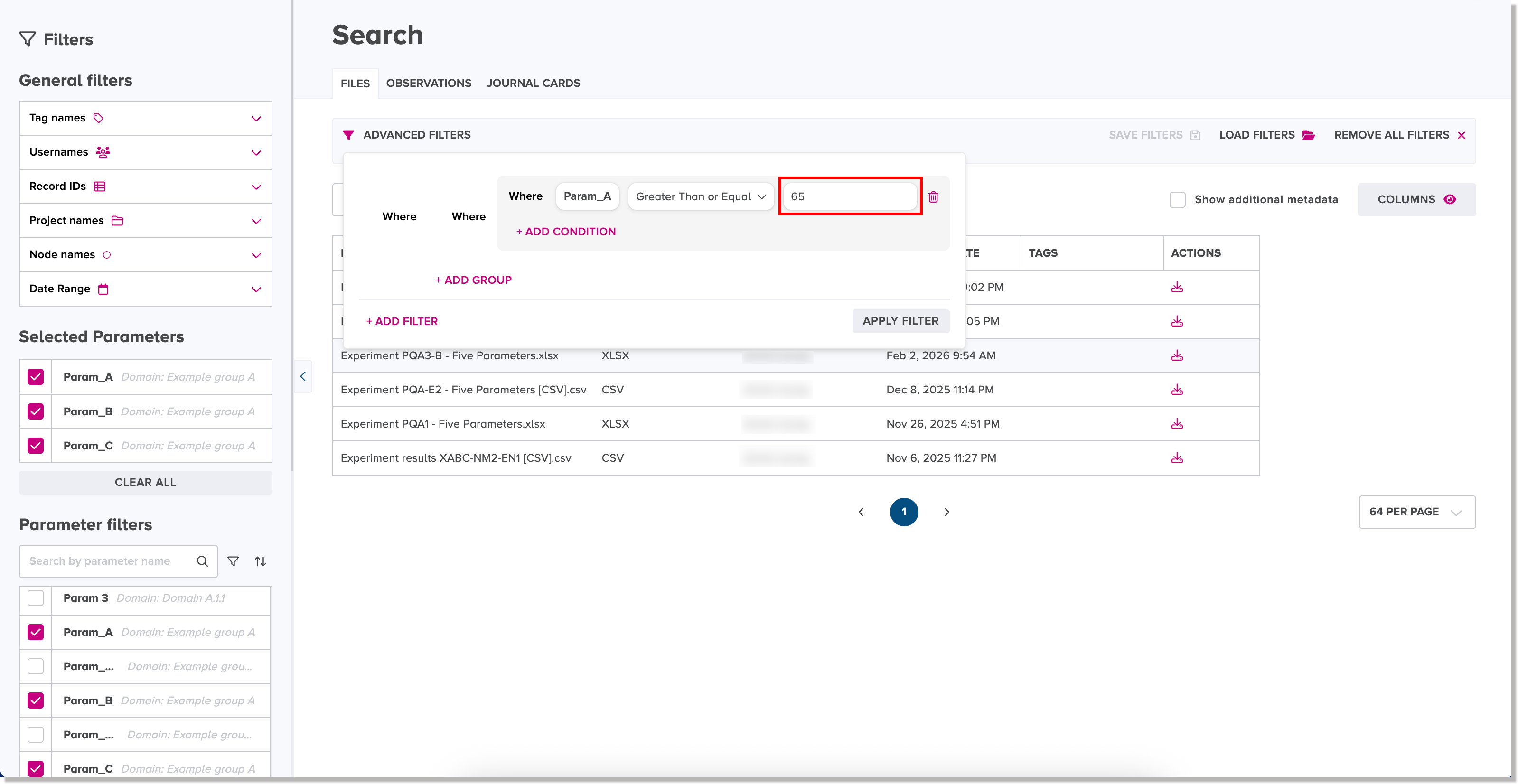 Parameter value field in the filter condition statements box