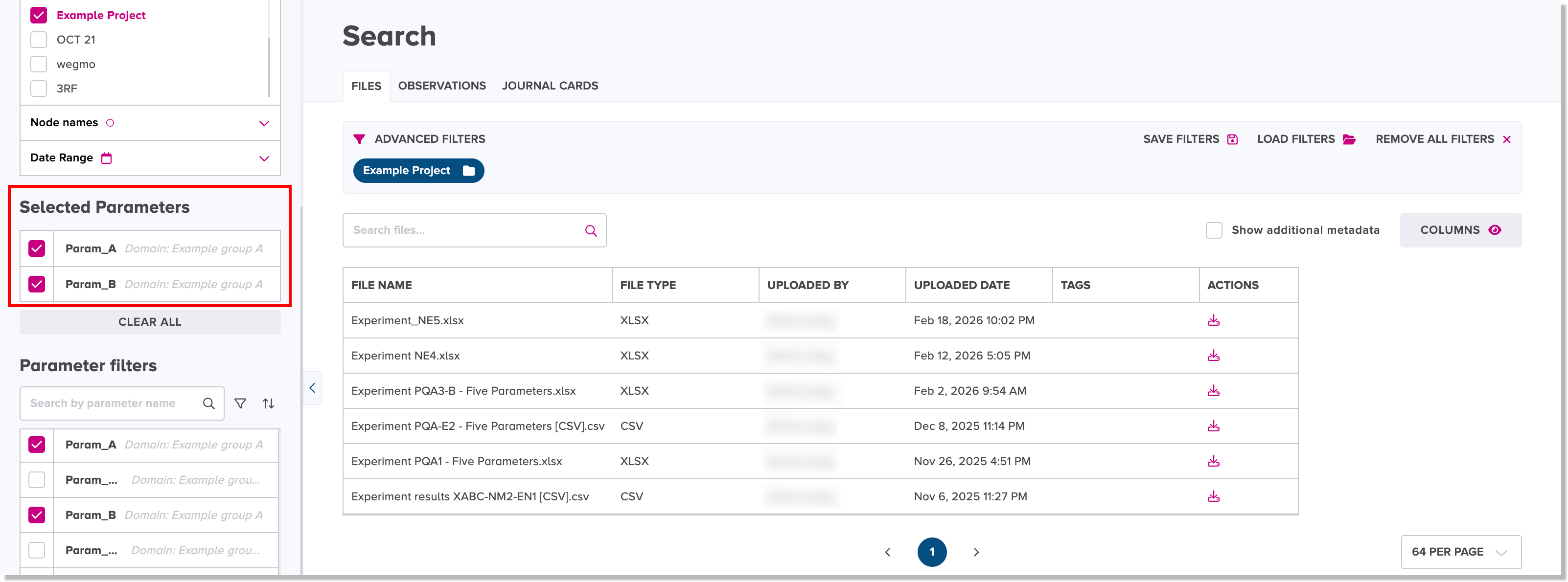 Selected parameter filters for files search results