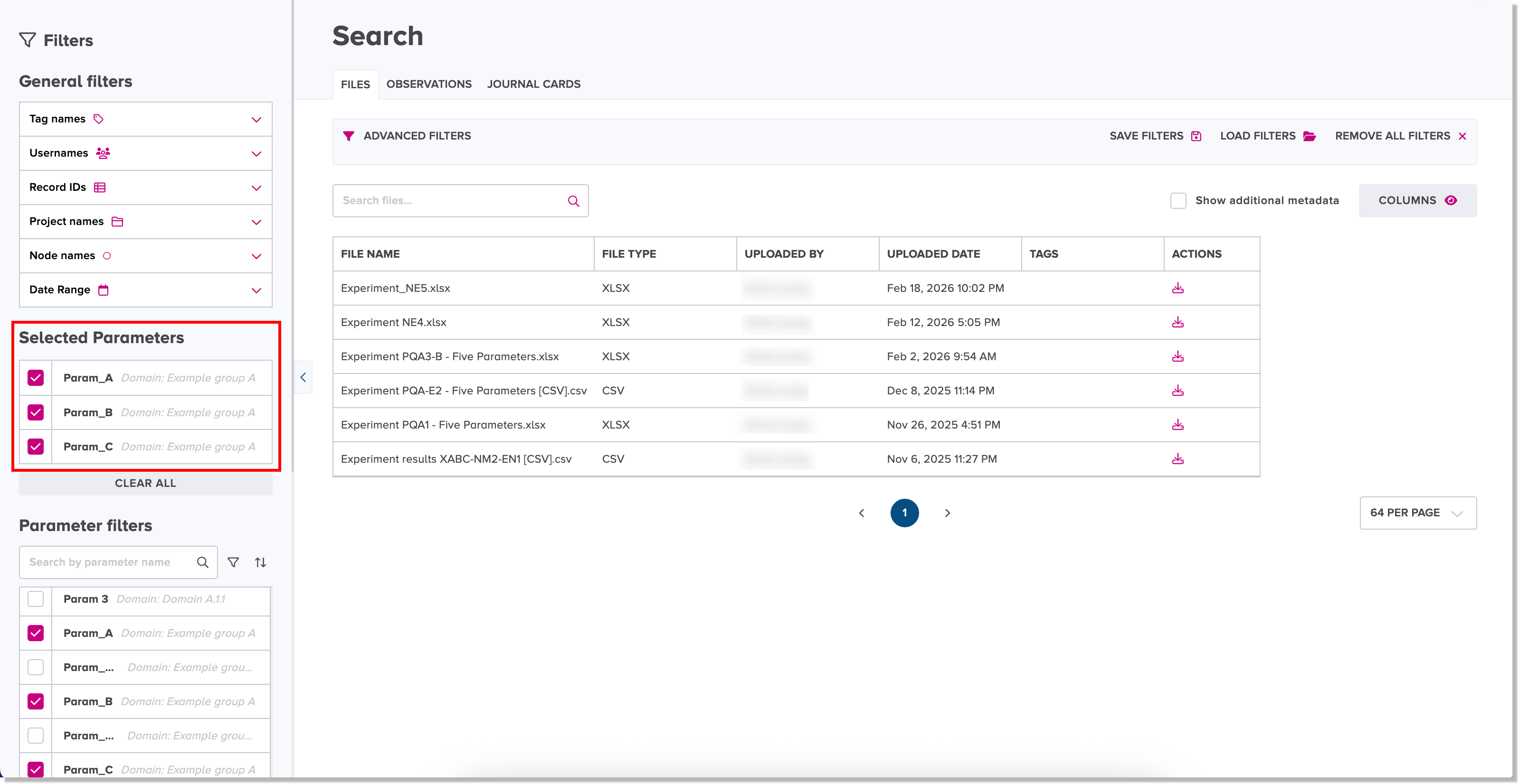 Selected parameter filters in the left panel of the search view