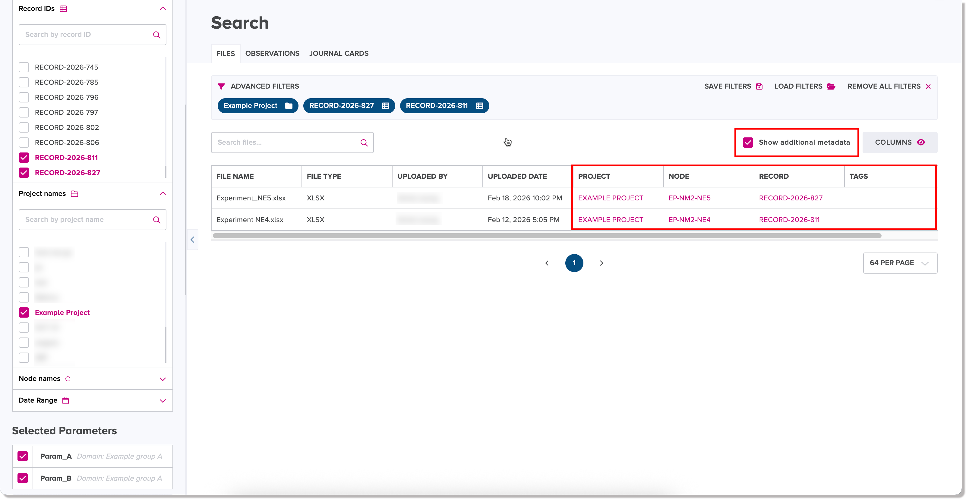 Show additional metadata checkbox for files search results