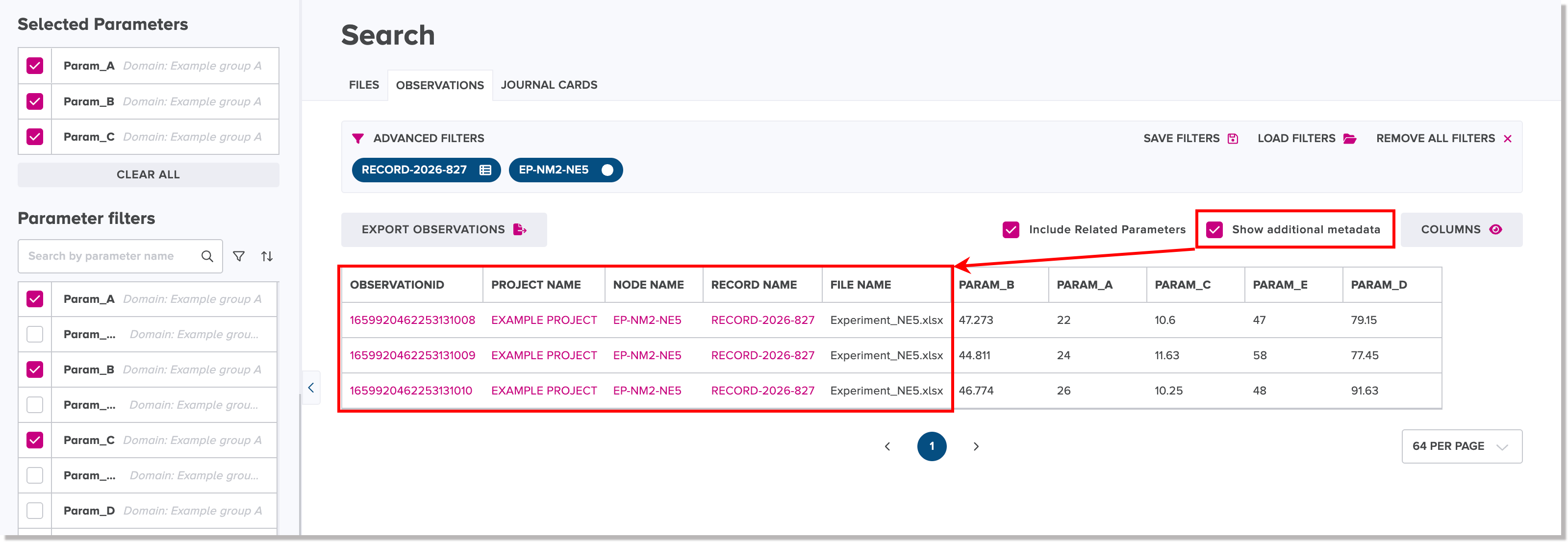 Show additional metadata columns for observations in search results