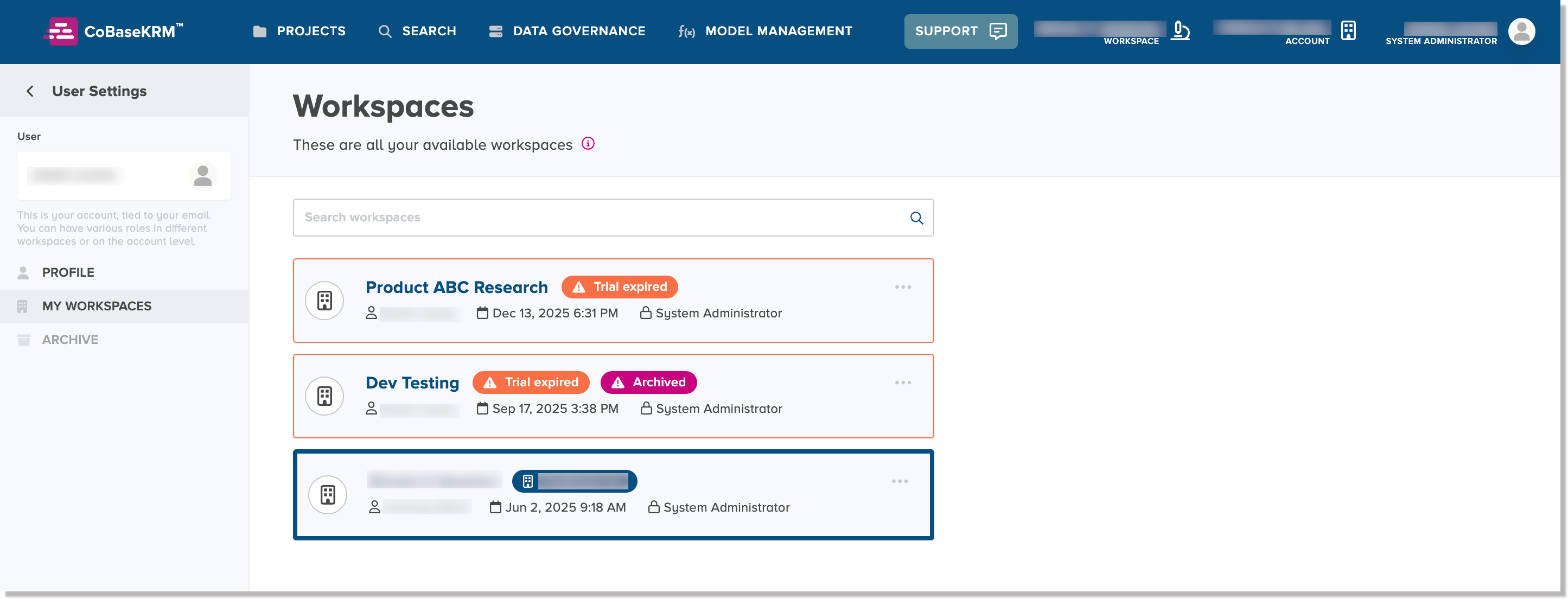 User account > Workspaces tab