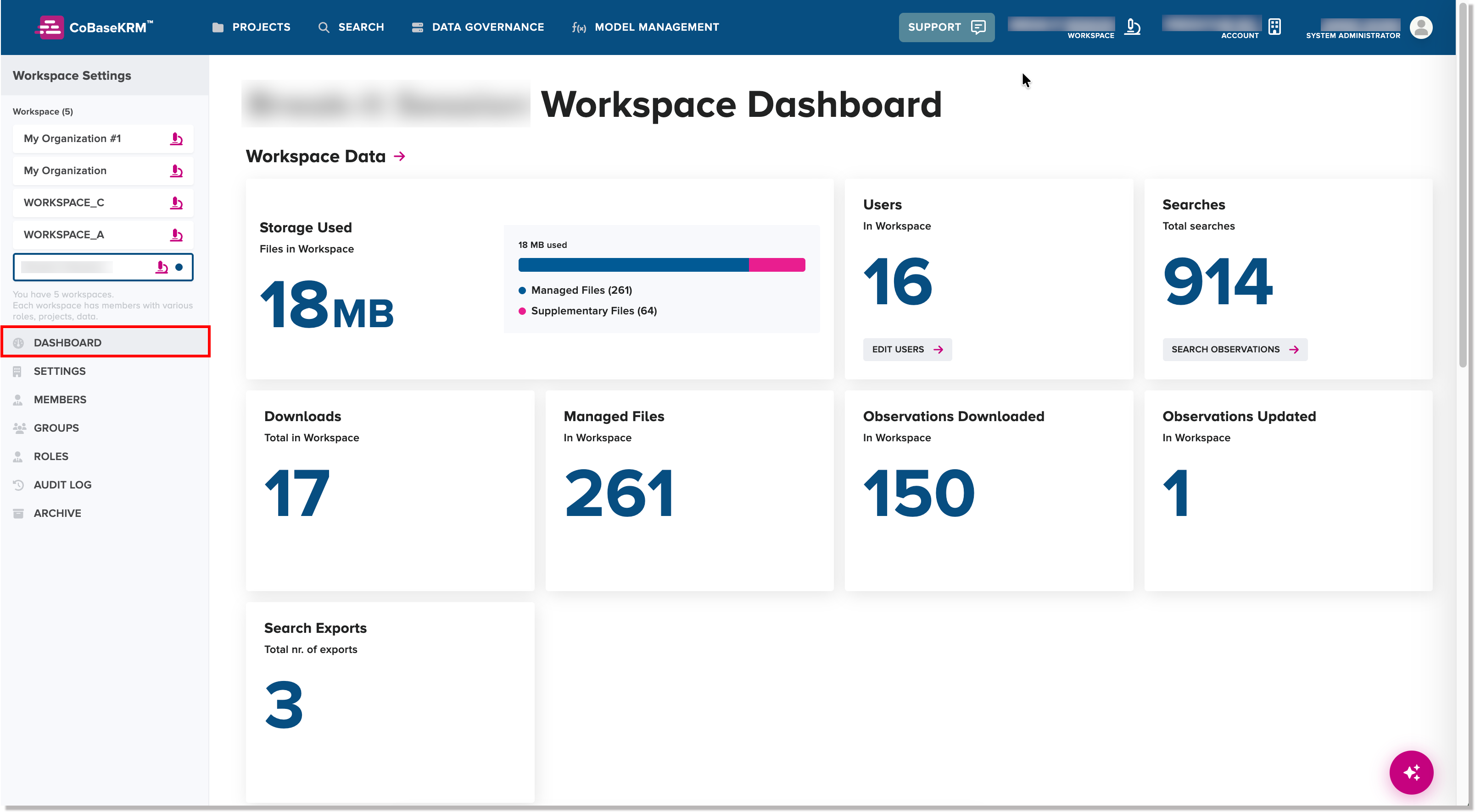 Workspace - Dashboard tab of the Settings view